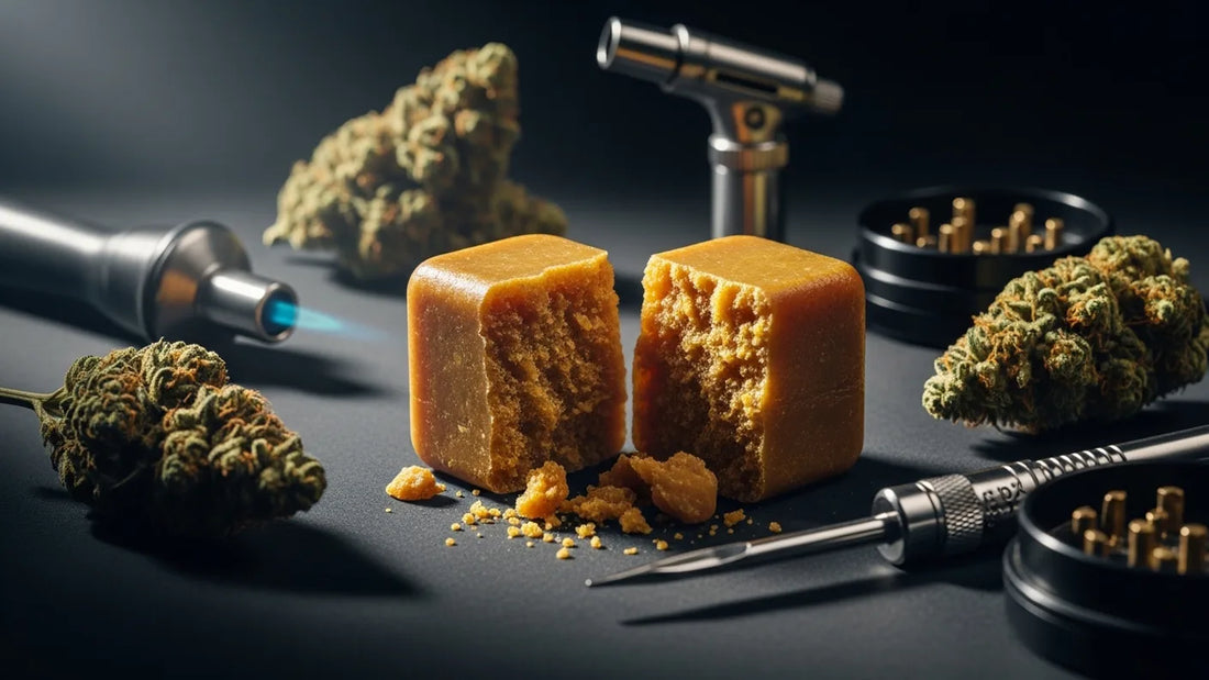 High-quality THCA hash brick with tools and cannabis flower representing preparation and potency | Hurcann
