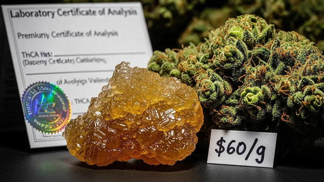 THCA hash concentrate displayed with hemp flower and lab testing certificate representing the balance between price and safety | Hurcann