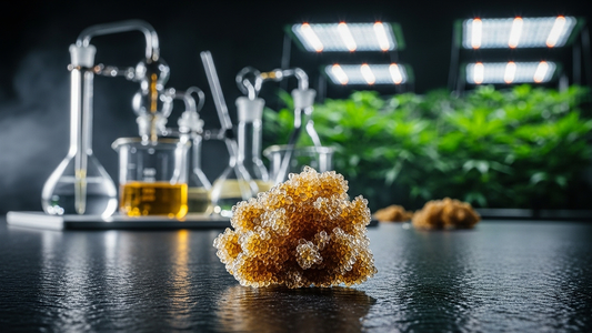 Premium THCA hash quality, production, and pricing represented in a single cinematic image