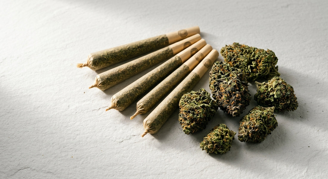pure beauty CBD pre-rolls fanned out with hemp flower buds on white surface Hurcann