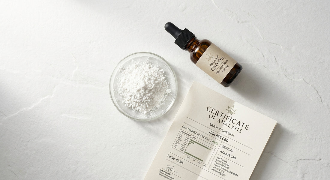 pure extract CBD isolate powder in glass dish with COA document on white surface