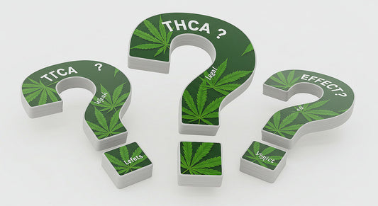 A stack of question mark-shaped cards with cannabis leaves and keywords like THCA, legal, and effects, floating against a clean white background.