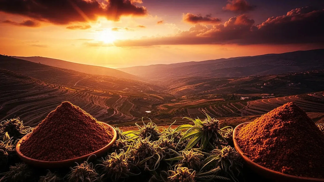 Red Lebanese hash blocks with cannabis flowers symbolizing the heritage of traditional cannabis resin | Hurcann