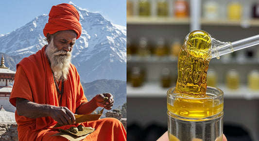 A split view of traditional temple ball hash in the Himalayas and live rosin in a modern dispensary.