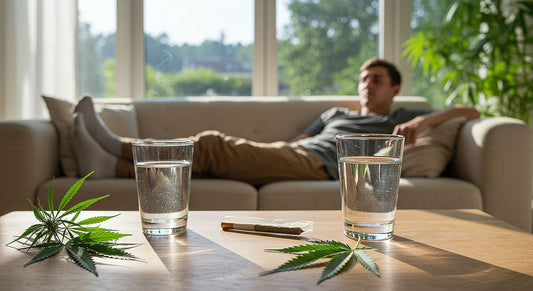 A person relaxing on a couch with hemp leaves, water, and a joint in a sunlit, nature-inspired room, balancing marijuana’s effects and side effects.