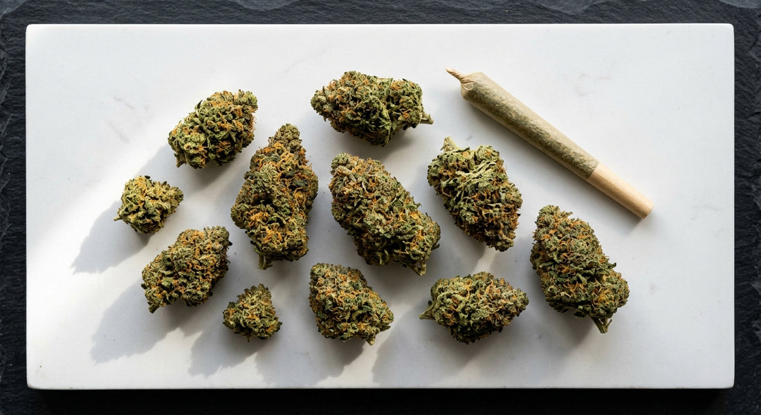 smoke shop wholesale CBD hemp flower and pre-rolls flat lay product display 2026