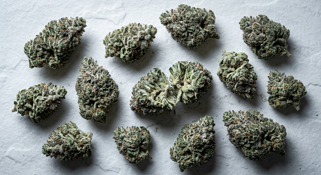 snow caps THCA hemp flower buds dense trichome coverage flat lay wholesale Hurcann 2026