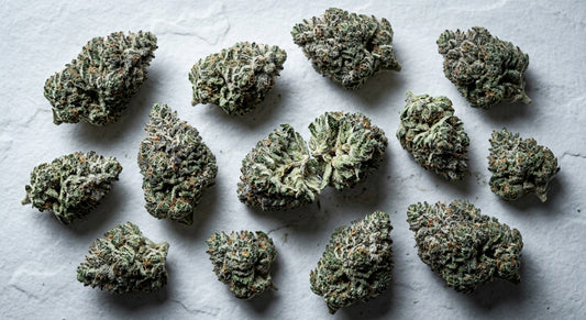 snow caps THCA hemp flower buds dense trichome coverage flat lay wholesale Hurcann 2026