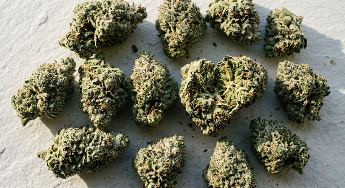 Snowballs strain THCA hemp flower buds frosted white trichomes flat lay Hurcann 2026