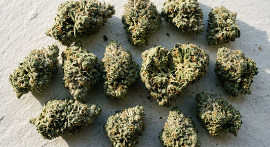 Snowballs strain THCA hemp flower buds frosted white trichomes flat lay Hurcann 2026