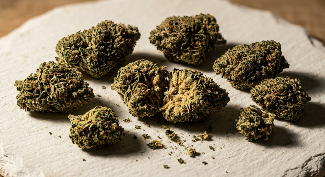 snowcap strain THCA hemp flower buds flat lay showing dense trichome coverage