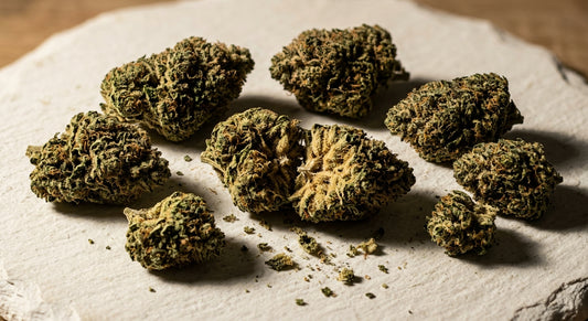 snowcap strain THCA hemp flower buds flat lay showing dense trichome coverage