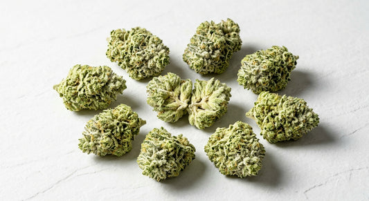 Snowcaps THCA hemp flower buds flat lay showing dense trichome coverage wholesale
