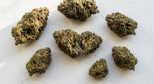 Special Sauce CBD hemp flower buds dense trichome-covered flat lay Hurcann strain guide
