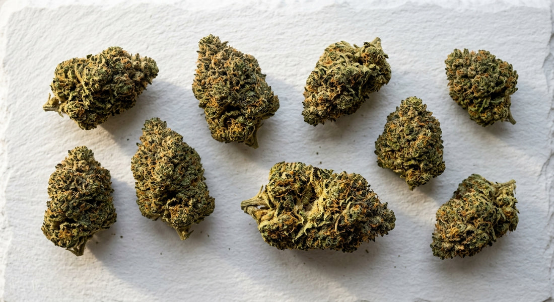 strongest CBD strain dense hemp flower buds flat lay with trichomes visible Hurcann 2026