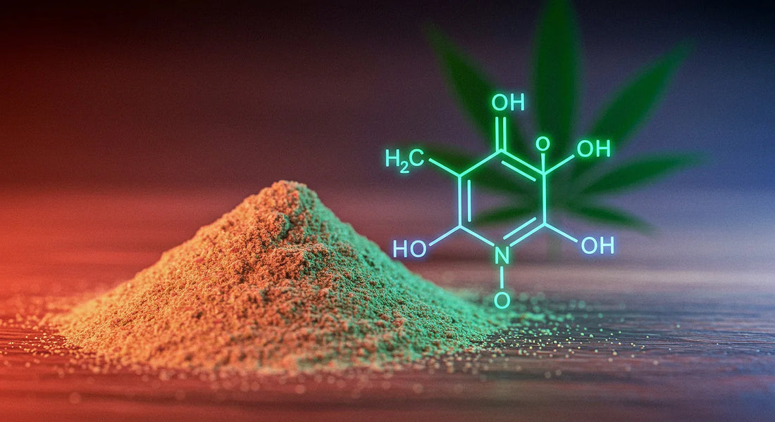 A stylized representation of THCa powder with a glowing cannabis molecular structure and a cannabis leaf in the background | Hurcann