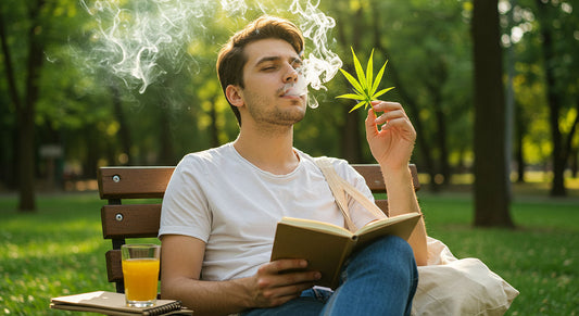 A person in a sunlit park exhaling smoke with hemp leaves, a sketchbook, and juice, balancing marijuana’s benefits and responsible use.