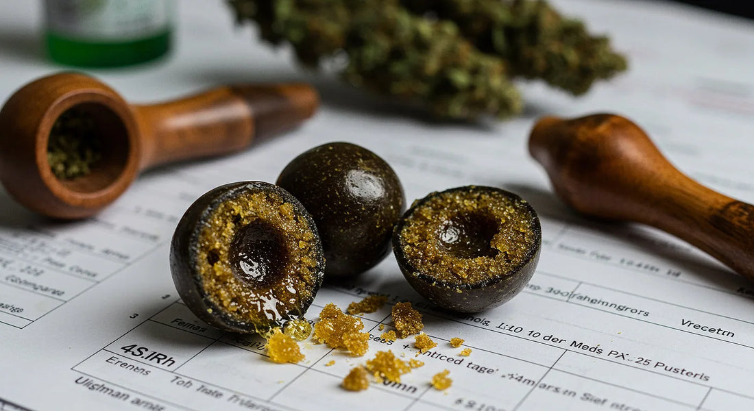 Glossy temple ball hash with cannabis trichomes, pipe, and lab test papers | Hurcann