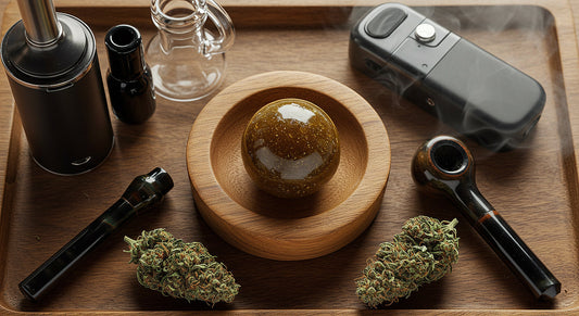 Temple ball hash displayed with flower, vaporizer, dab rig, and pipe representing different consumption methods.