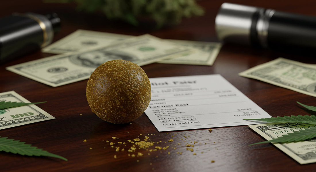 Temple ball hash surrounded by cannabis leaves, money, and tools representing buying factors.