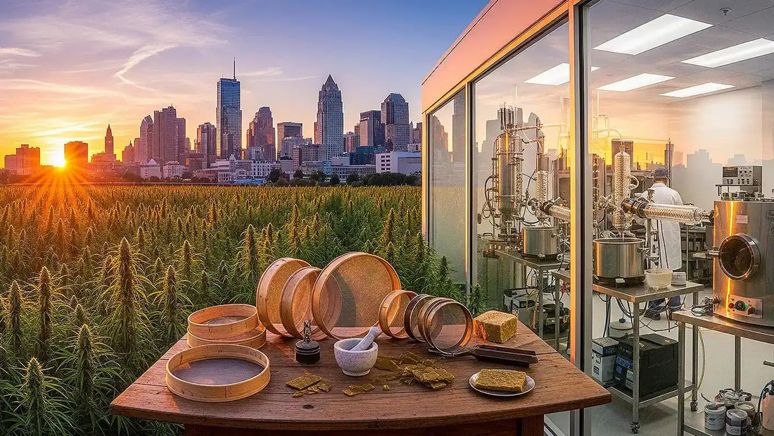 Panoramic scene blending hemp farming, classic hash craft, and modern cannabis science | Hurcann