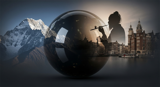 A central temple hash ball with blended images of its Himalayan origins, traditional rituals, and modern global appreciation.