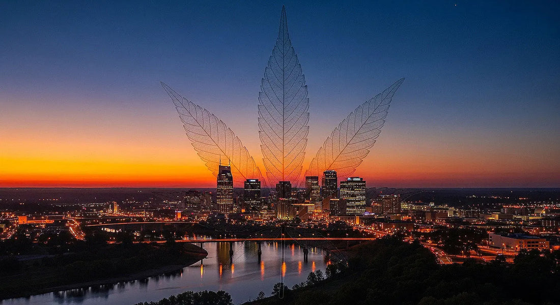 Artistic depiction of Tennessee’s city skyline at dusk with a semi-transparent cannabis leaf overlay, symbolizing the state's complex marijuana laws | Hurcann