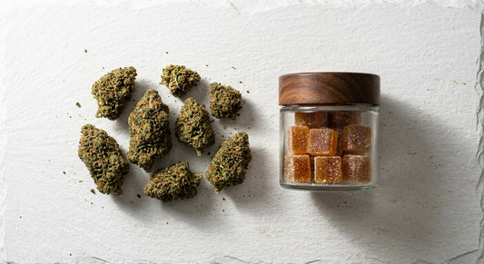 hemp-derived THC flower and edibles flat lay comparison product shot Hurcann 2026
