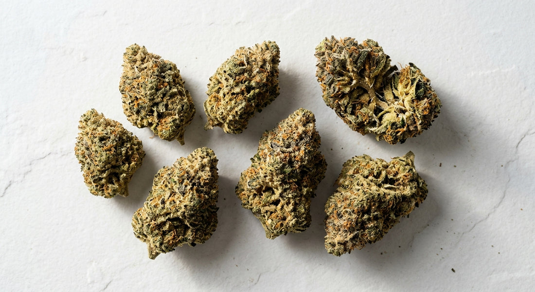 thc infused hemp flower buds coated in kief and distillate on white surface