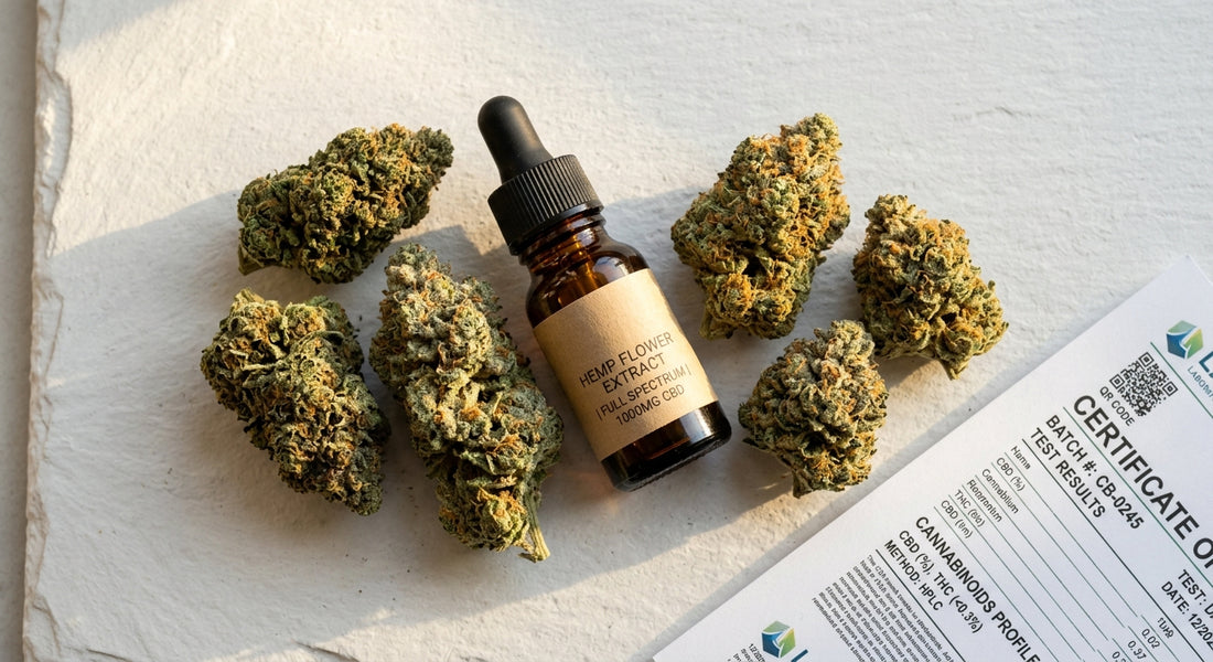 CBD hemp flower buds and tincture bottle with COA for European THC compliance