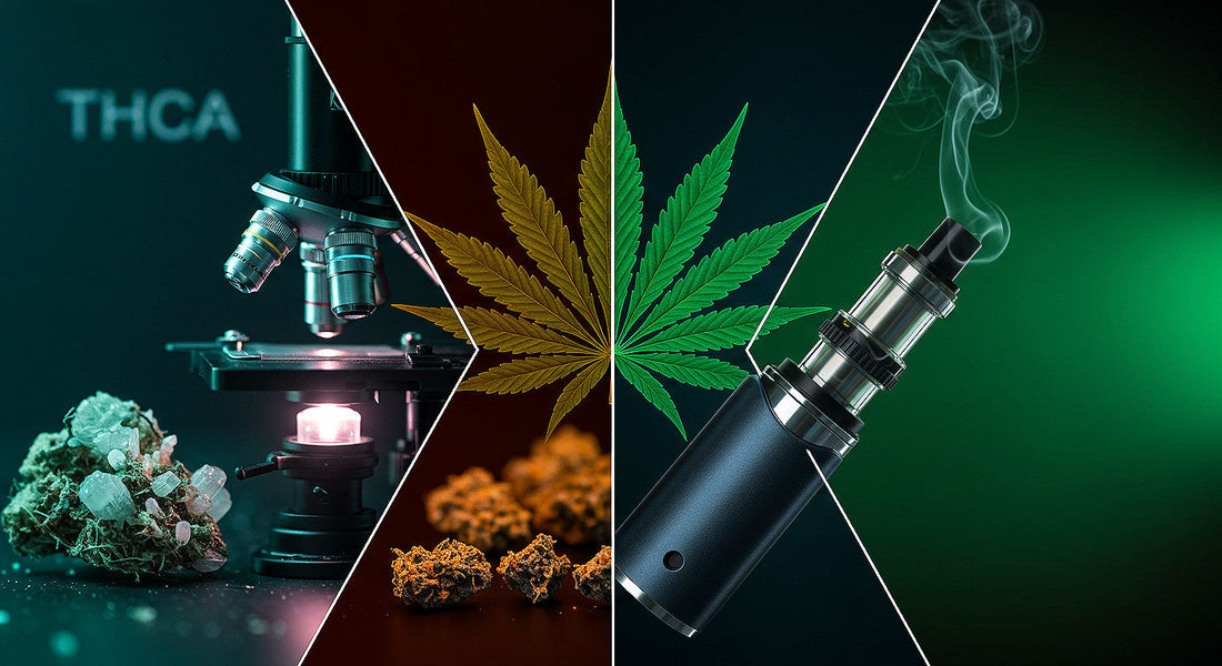A split-screen image with THCA crystals under a microscope and a delta 8 hash vape pen emitting vapor, connected by a neon-lit cannabis leaf on a high-tech black and green background.