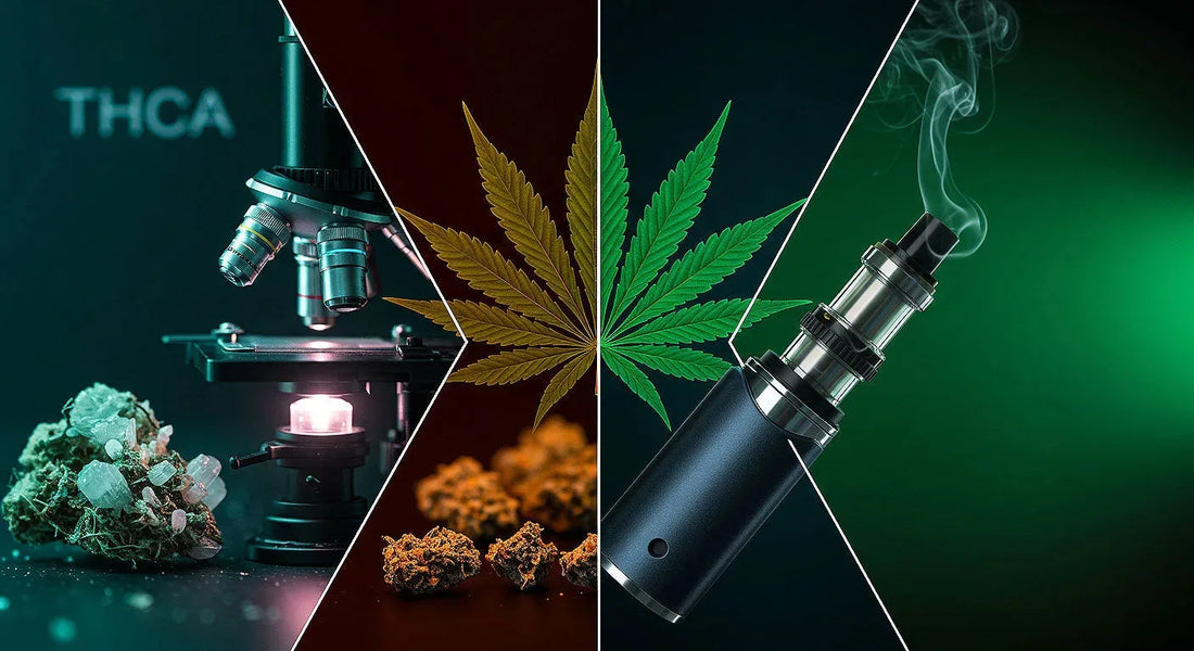 A split-screen image with THCA crystals under a microscope and a delta 8 hash vape pen emitting vapor, connected by a neon-lit cannabis leaf on a high-tech black and green background.