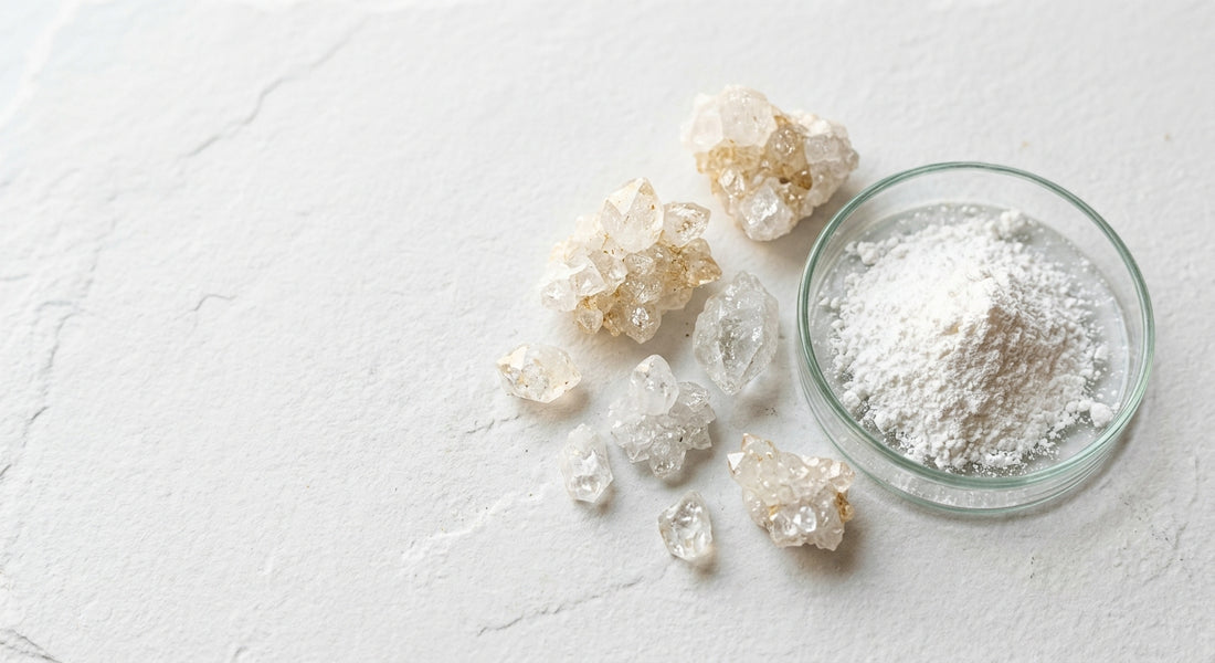 THCA isolate wholesale crystalline powder and diamonds on white surface bulk purchase