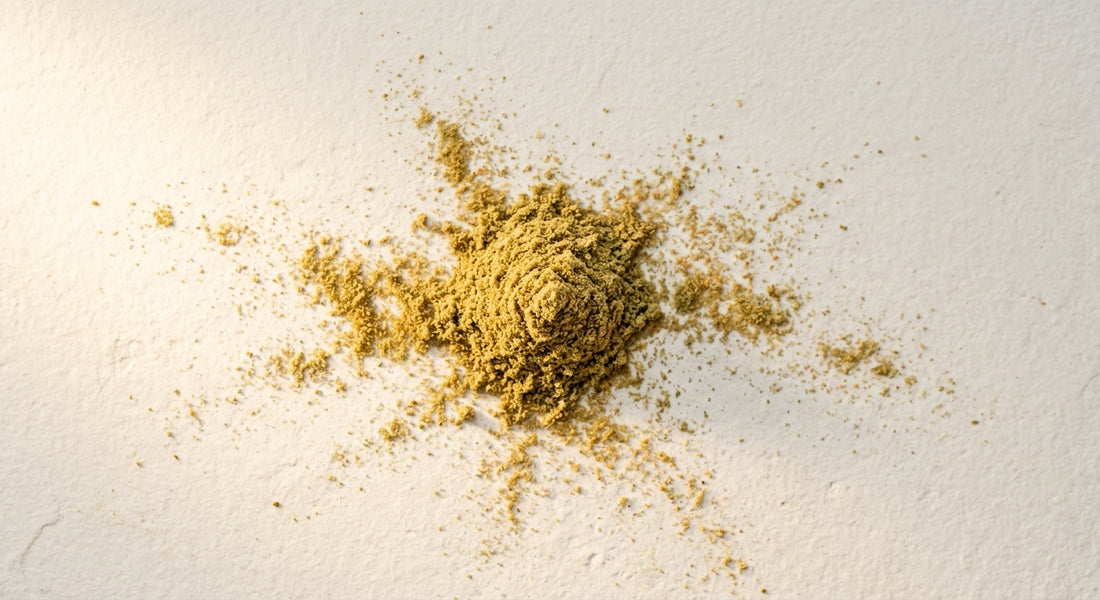 THCA kief effects guide golden hemp trichome powder on white surface Hurcann