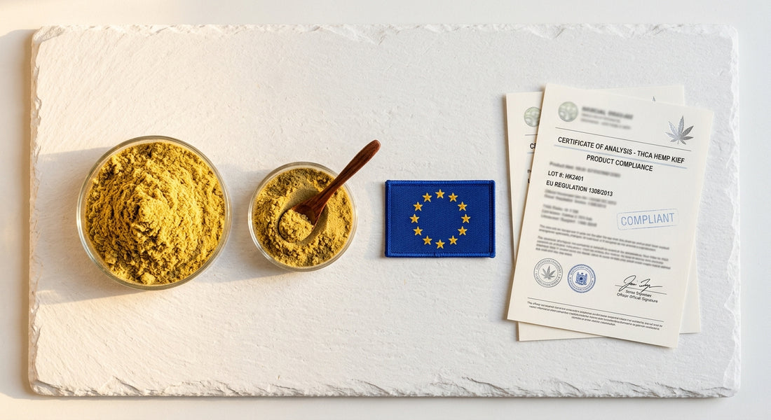 THCA hemp kief powder in glass dishes with EU compliance documents legal Europe guide