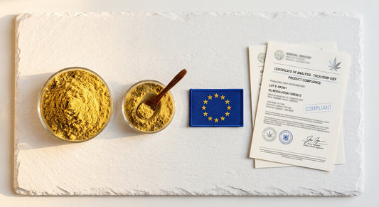 THCA hemp kief powder in glass dishes with EU compliance documents legal Europe guide