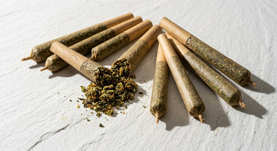 THCA pre-rolls bulk wholesale fanned out showing dense hemp flower interior Hurcann