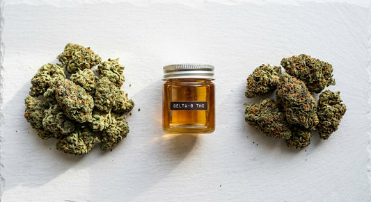 THCA vs delta-8 vs delta-9 THC hemp flower and distillate comparison flat lay Hurcann