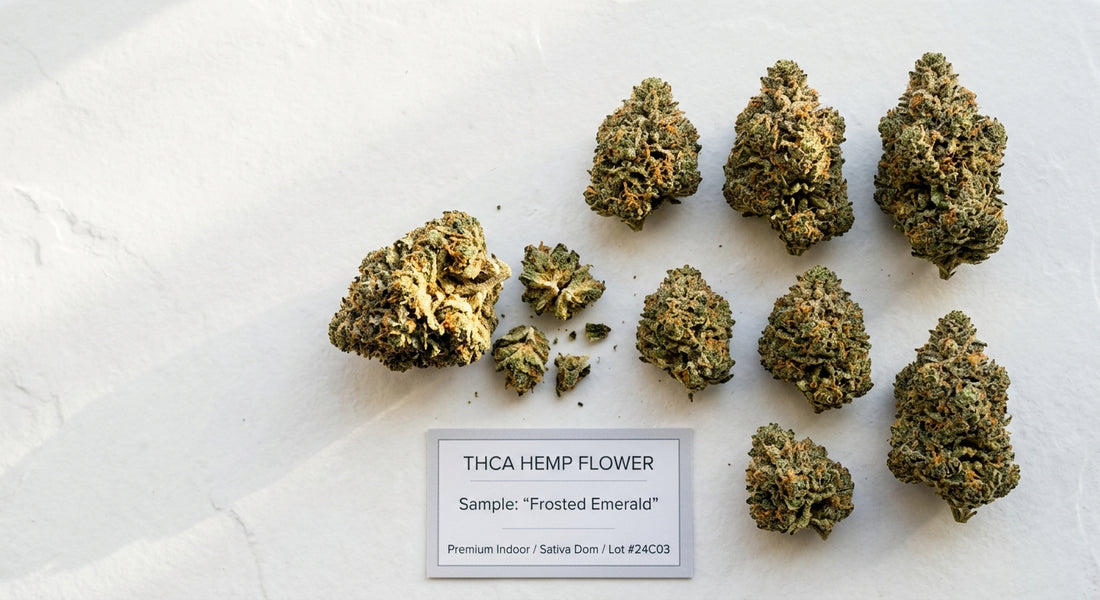 THCA vs delta-9 hemp flower buds comparison flat lay on white surface Hurcann 2026
