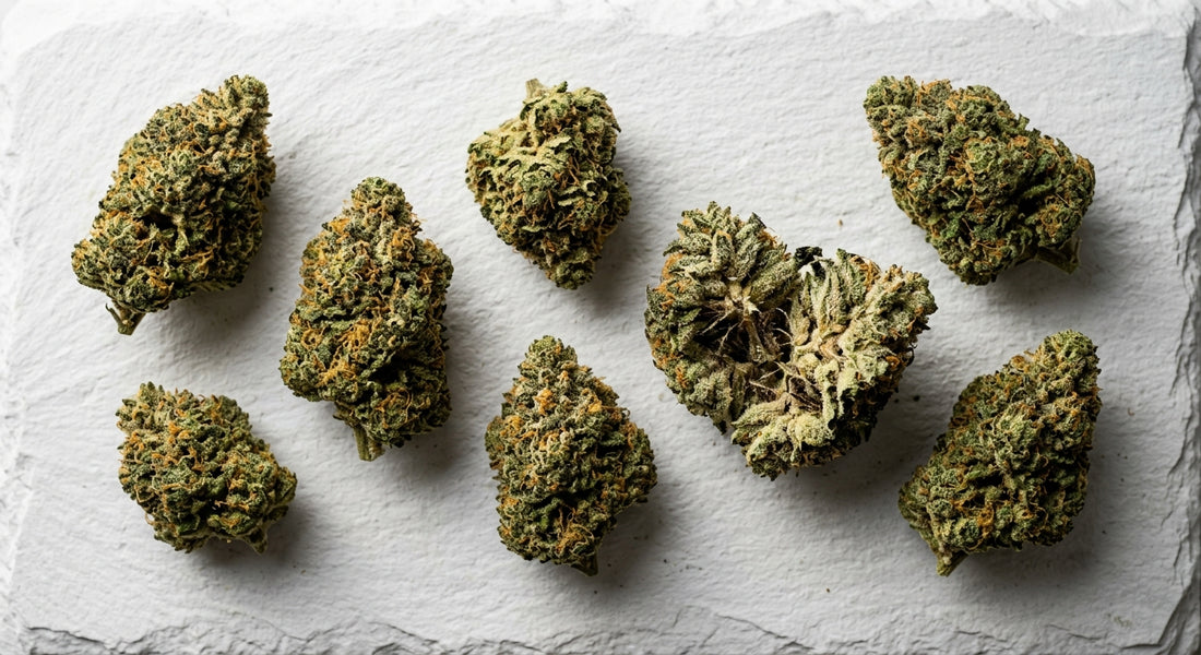 THCA vs THC hemp flower buds comparison flat lay on white surface Hurcann
