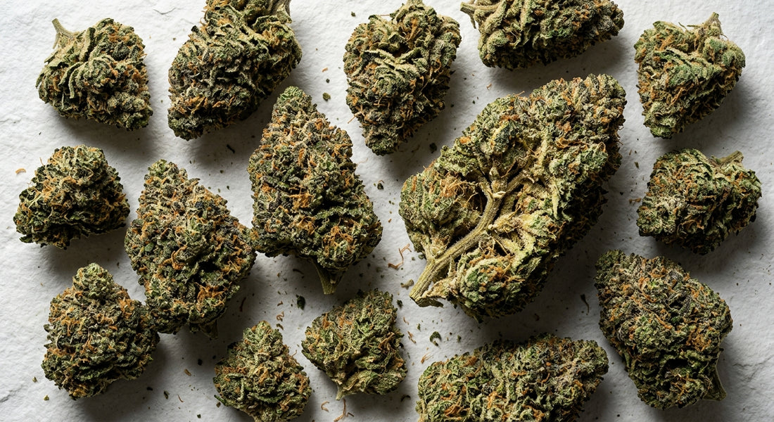 THCA hemp flower buds flat lay comparison against delta-9 THC flower