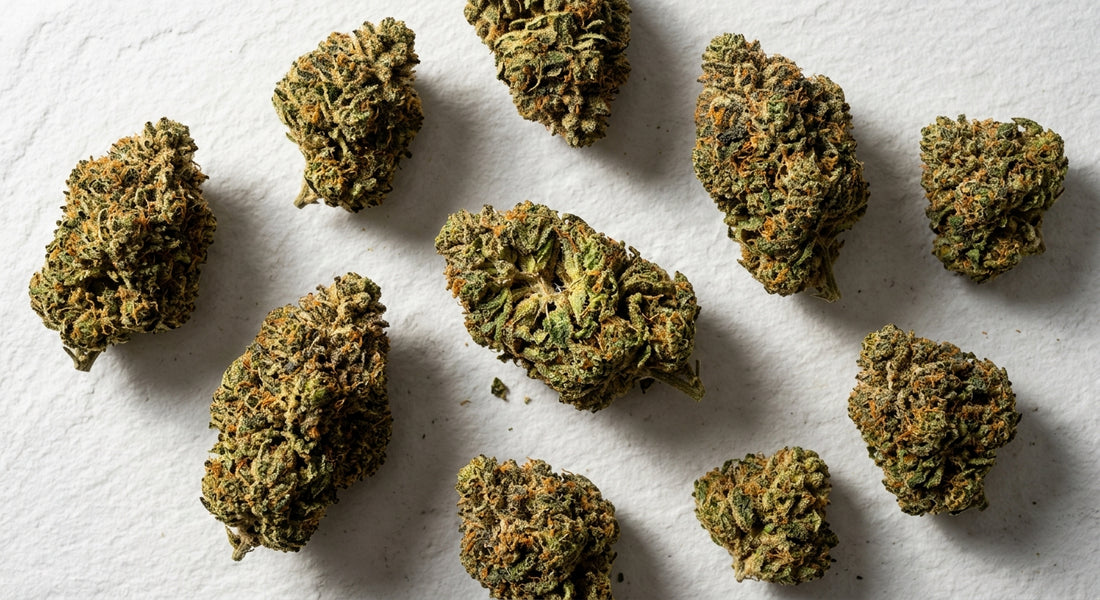 THCA hemp flower buds flat lay comparison dense cured buds white surface Hurcann
