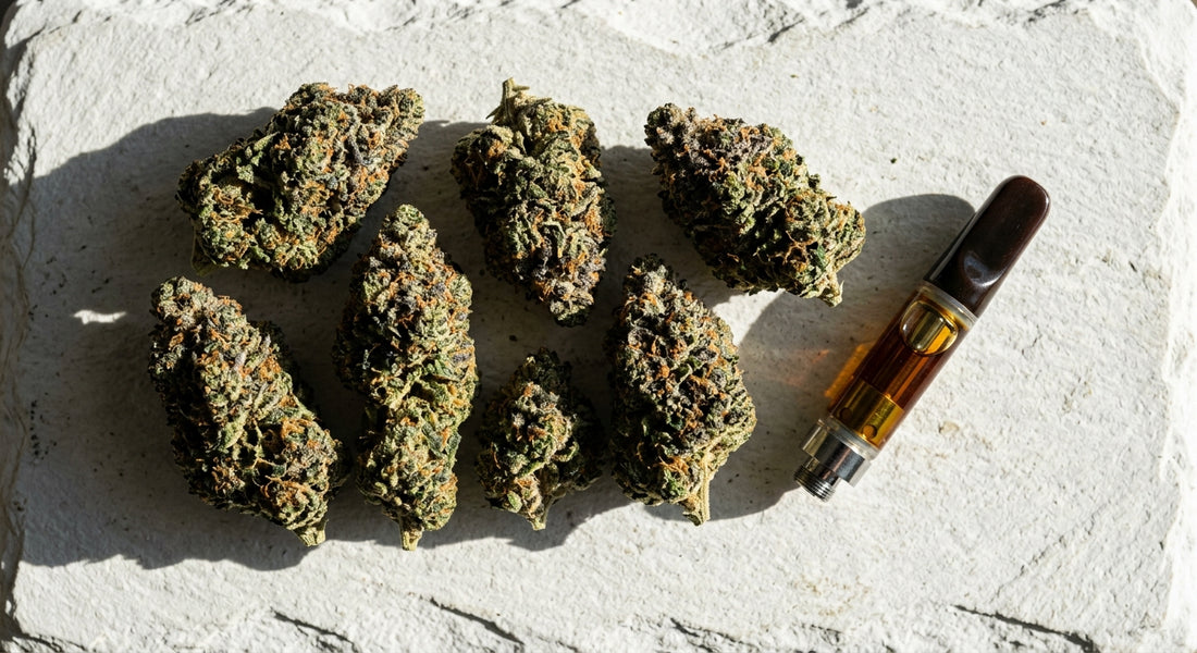 THCA vs THCP comparison hemp flower buds and vape cartridge on white surface Hurcann