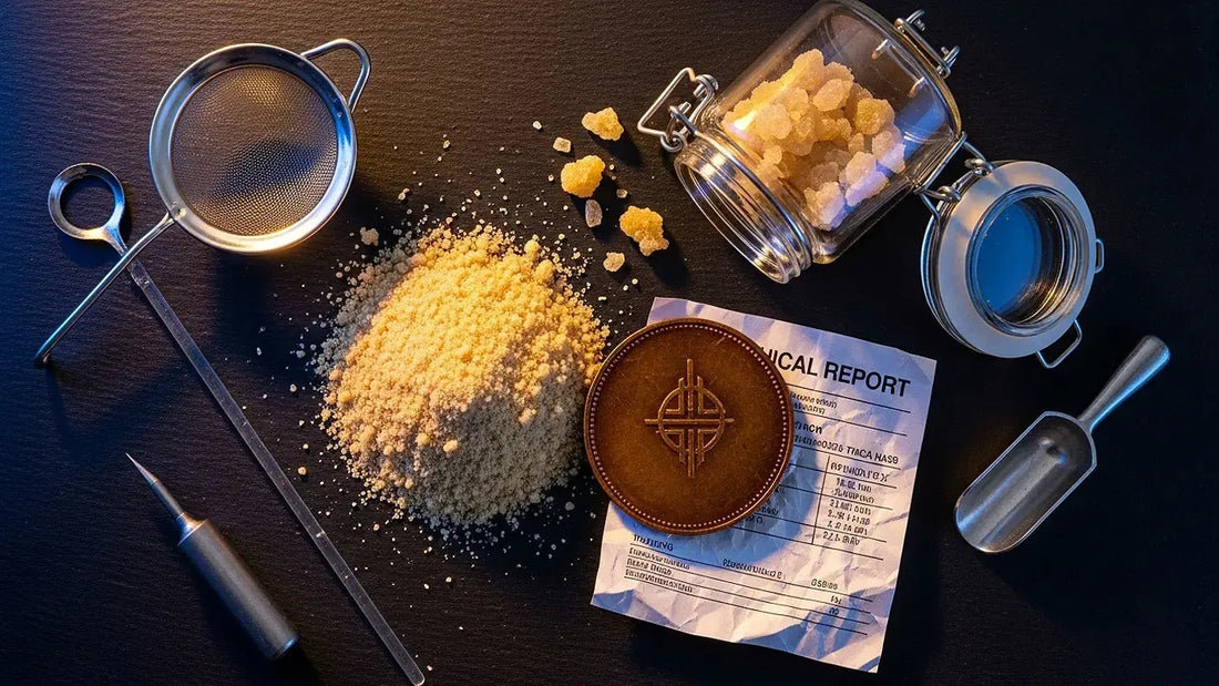 Comprehensive visual of hasher THCA concentrate, lab report, and extraction tools representing a complete guide to the product | Hurcann