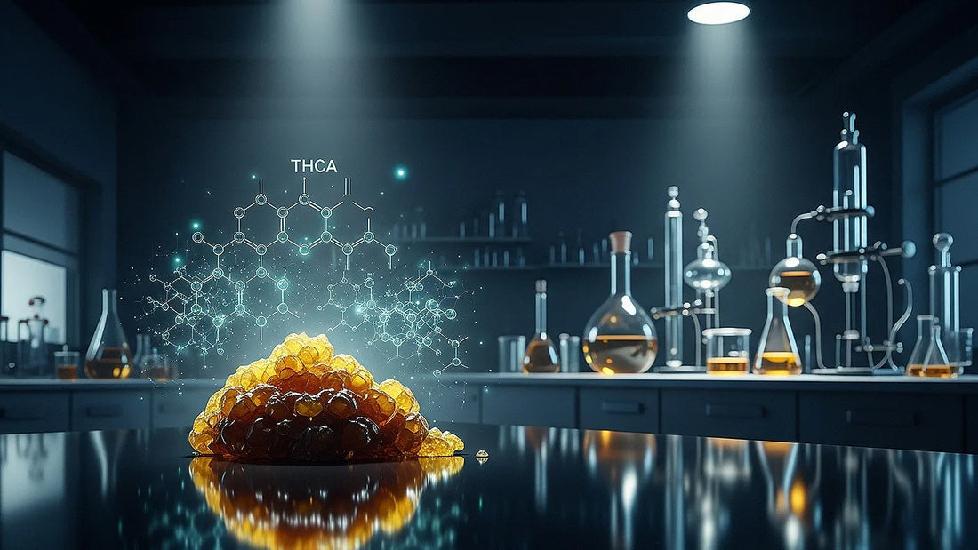 THCA hash crystals in front of molecular chemistry visuals and laboratory setting | Hurcann