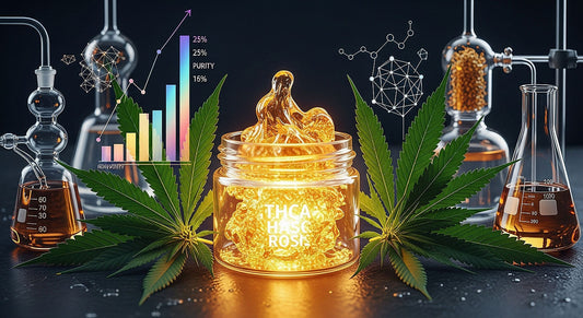 Golden THCA hash rosin jar representing purity, science, and cannabis industry growth.