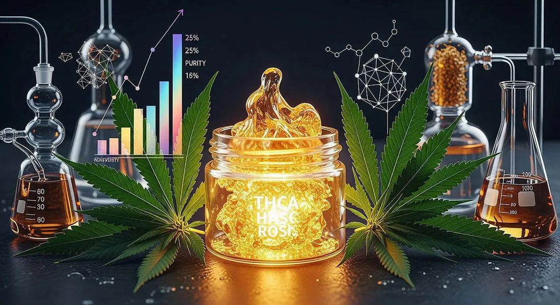 Golden THCA hash rosin jar representing purity, science, and cannabis industry growth | Hurcann