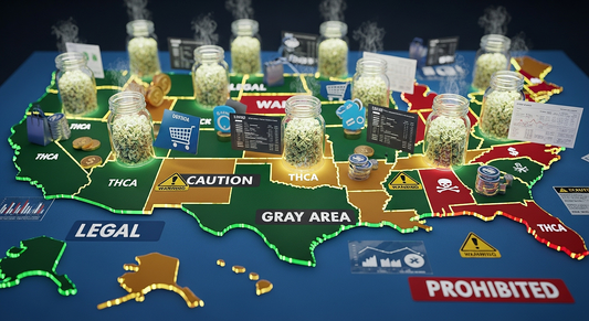 Comprehensive U.S. map showing THCA hash legality with state categories, online shopping, lab testing, and safety warnings