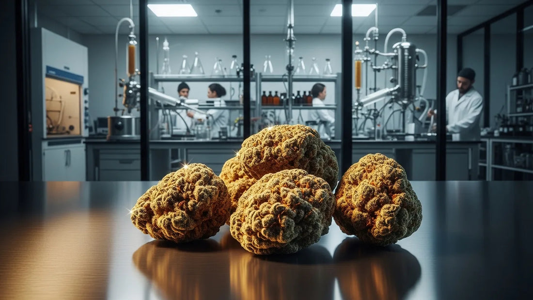 Premium THCA hash bulk displayed inside high-end cannabis processing facility | Hurcann