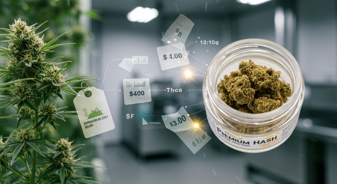 A sparkling THCA hash jar in the foreground, with a cannabis grow room, extraction lab, and dispensary counter fading into the background, linked by price tags and lab reports | Hurcann